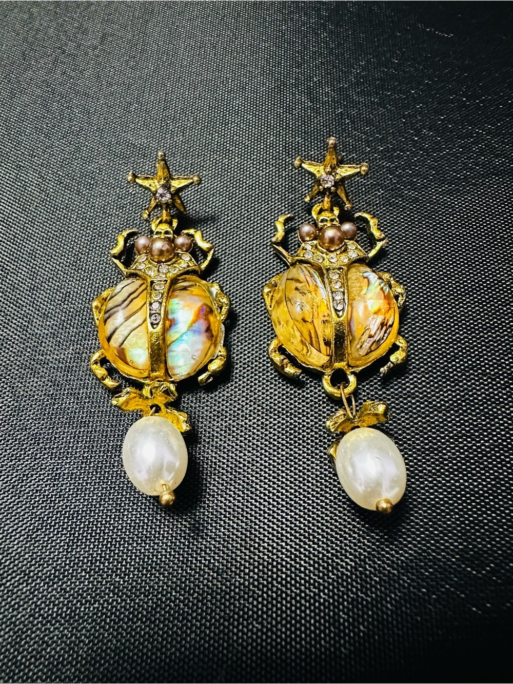 Gold-Tone Beetle Drop Earrings with Iridescent Inlay and Pearl Accent